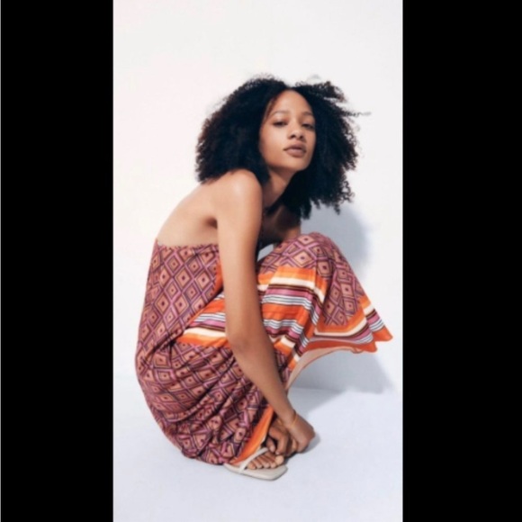 SALE💛 Zara Striped Halter Midi Dress Orange Black White Pink M Very 70s - Picture 2 of 9